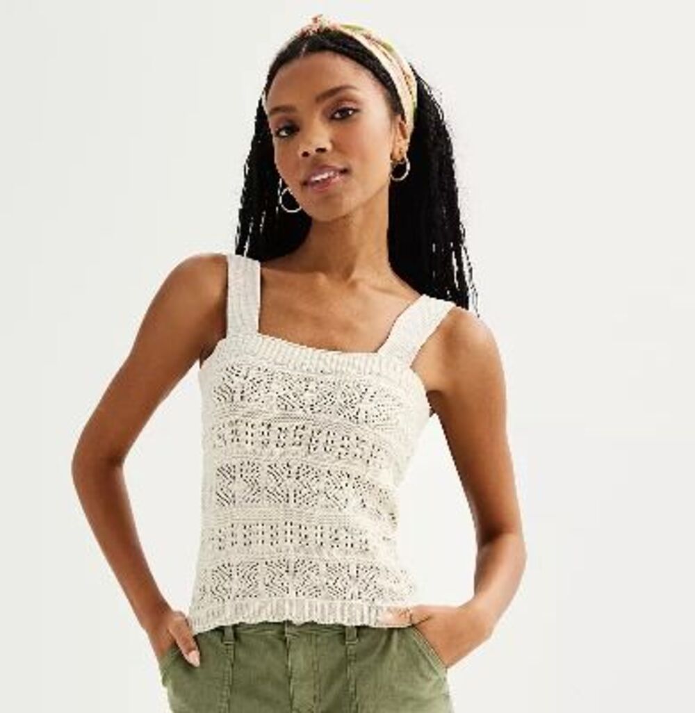 SO® Juniors Pointelle Crochet Tank Top – Size M, Boho Sleeveless Knit